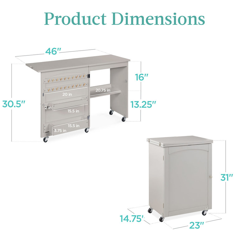 Gray Folding Sewing Table with Storage and Wheels