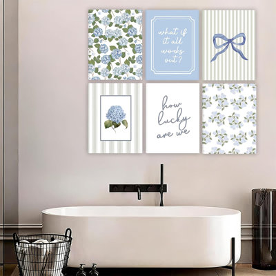 6 Pcs Blue Hydrangea Bow Canvas Wall Art How Lucky Are We Poster Prints Trendy Striped Coquette Paintings Pictures Sage Green Coastal Preppy Aesthetic Wall Decor For Girl Room Bedroom Living Room Office Dorm Apartment 8X10 Inch(Stretched Canvas On A Wood