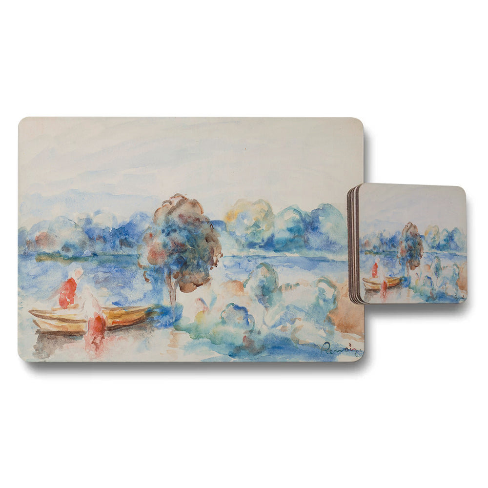 Watercolor Boat Scene Placemats And Coaster Set Home Decor