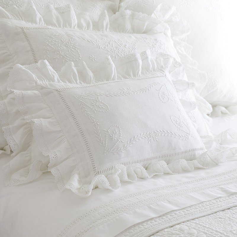 Prairie Crochet White Linen Throw Pillow, Rectangle 13"H x 18"W