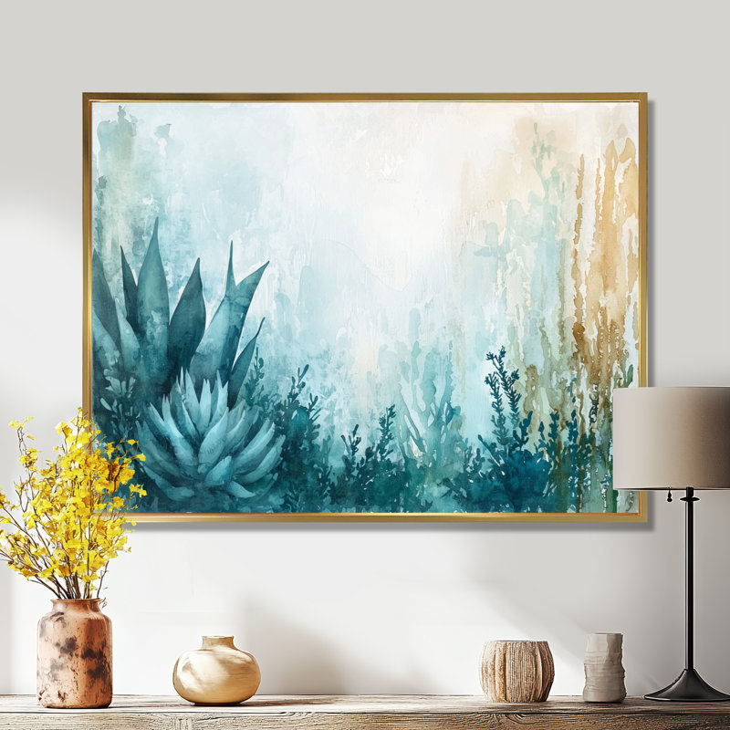 «Cactus Forest Minimal Composition - Floral Cactus», reproduction d'art murale, H 16 po x l 32 po, Doré