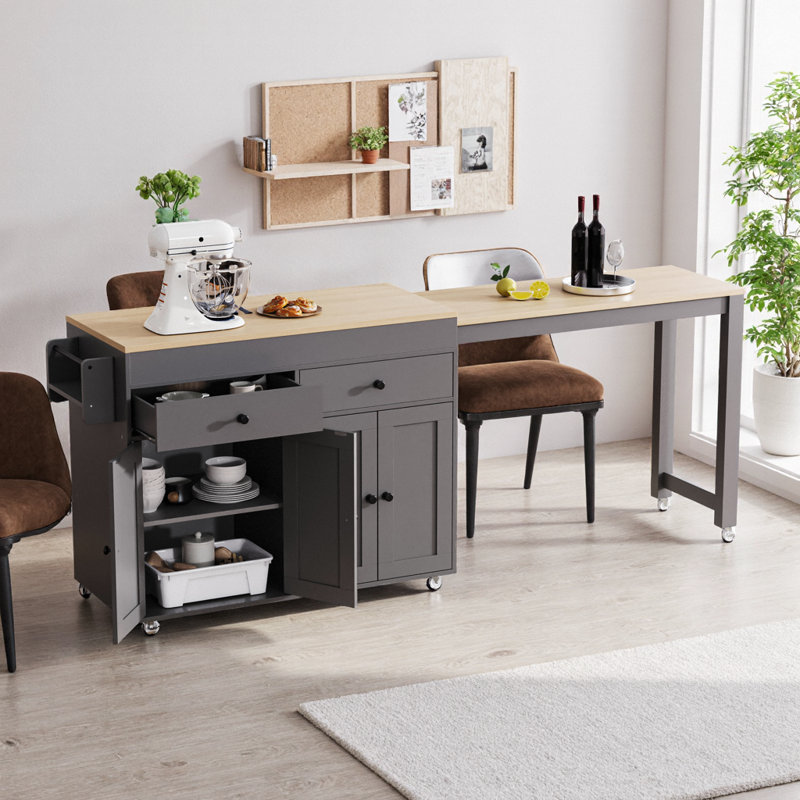 74.5" Grey Kitchen Island with Expandable Table | 7 Wheels, Spice Rack & 4-Door Storage, Grey
