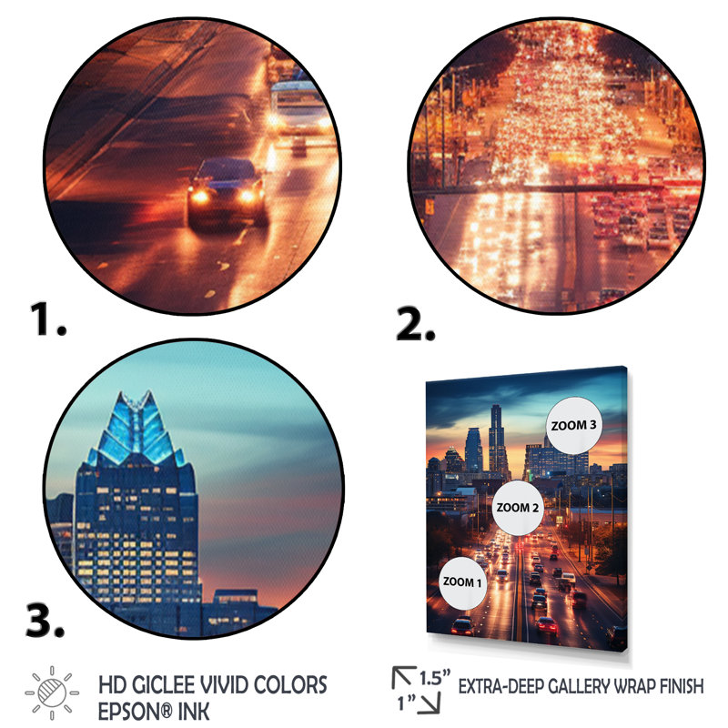 Austin Beautiful Cityscape Spot II - Cityscapes Wall Art Living Room, H 32 po x l 24 po x P 1 po, Cadre photo noir