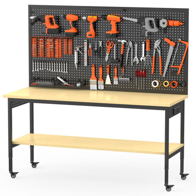 60" Garage Workbench With Pegboard, Adjustable Height Work Bench With Storage Shelf, Rolling Workbench With Led Light, Power Strip & 8 Hooks, Mobile Work Table With Wheels For Workshop, Garage, Craft Room