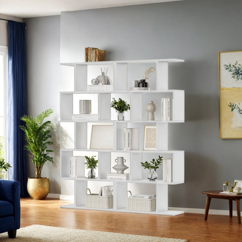 White 5-Tier S-Shaped Geometric Bookcase with Manufactured Wood
