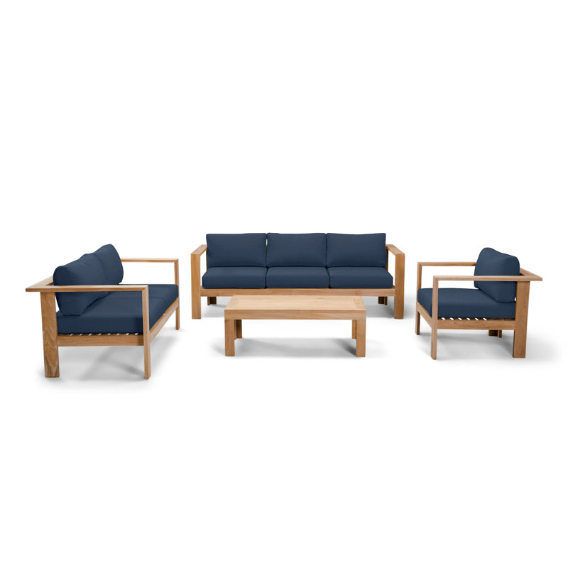 Ando 4 Piece Teak Sunbrella Sofa Set with Cushions, Spectrum Indigo Sunbrella®
