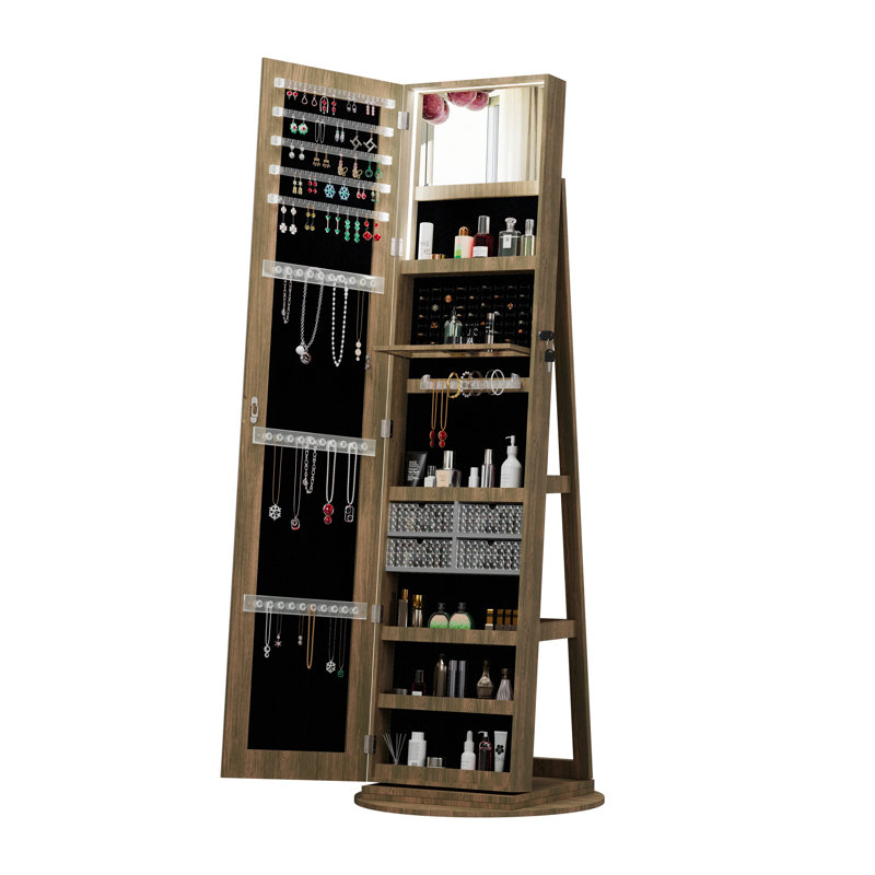 360°Swivel Jewelry Cabinet With Full Length Mirro, 62.3" x 21.6", Antique brown
