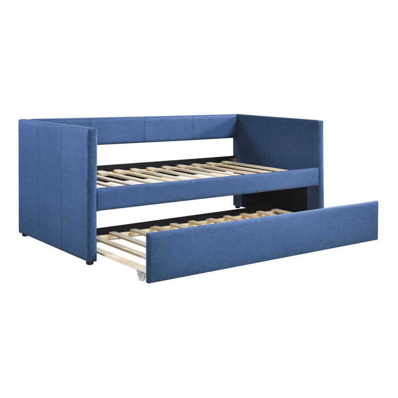 1pc Daybed with Trundle Blue Fabric Upholstery Wooden Frame Modern Home Furniture, Blue