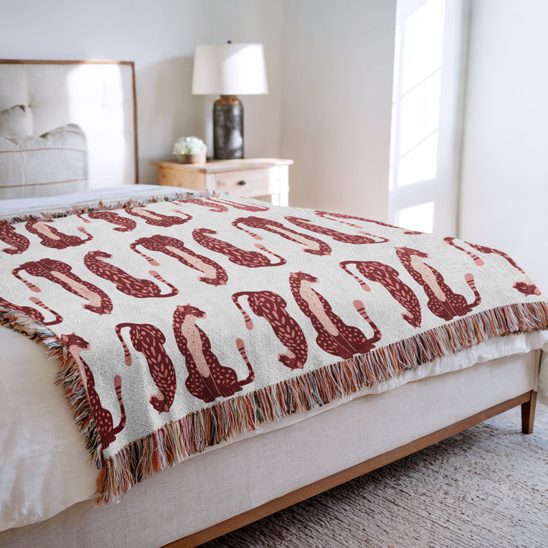 Jeté en mélange de coton Ren Leopard, L 60 po x l 50 po, Rouge / rose / blanc cassé