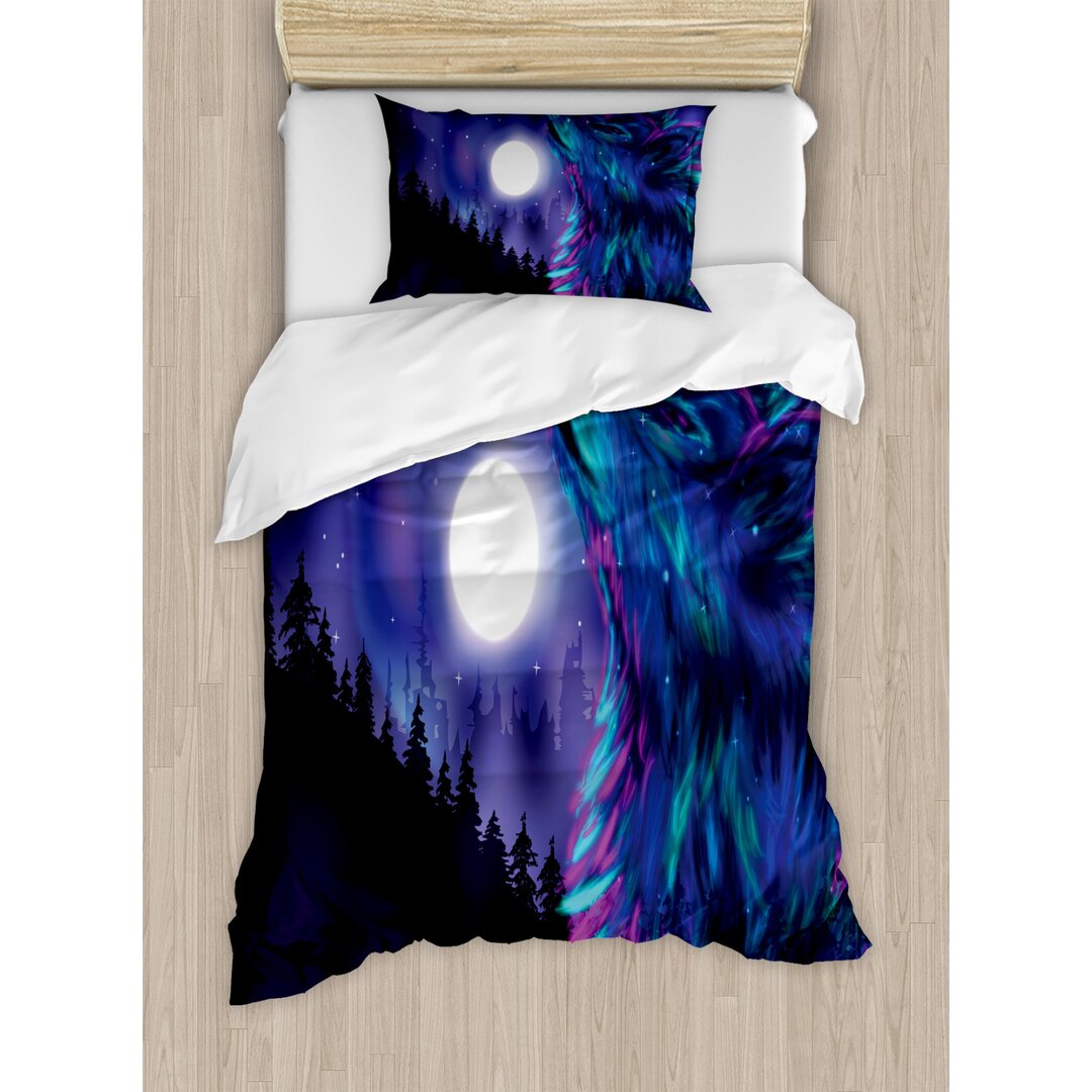 Bettbezug Set, Aurora Borealis und Wolf, Mond, Indigo Aqua Magenta