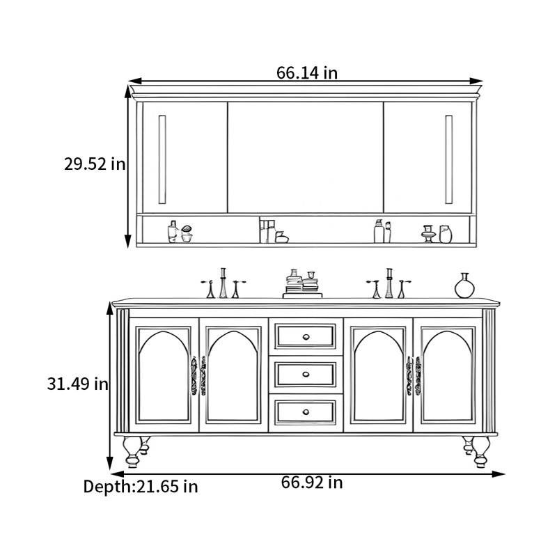 Armoire de salle de bain française, H 31,49 po x l 66,92 po x P 21,65 po