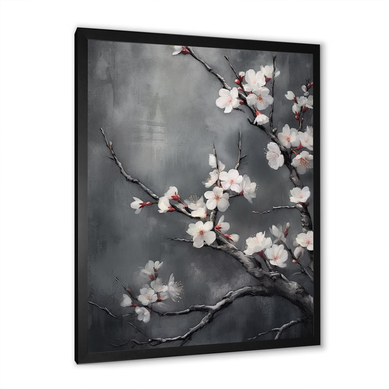 Fleurs de cerisier blanches sur 20 nuances de gris - impression sur toile encadrée cerisier, H 40 po x l 30 po x P 1,5 po
