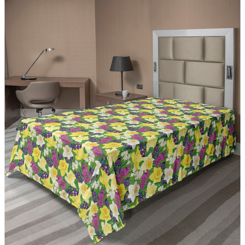 Drap plat moderne de style bohème Ambesonne, Vert lime / motif floral jaune pâle, Drap plat pour lit simple
