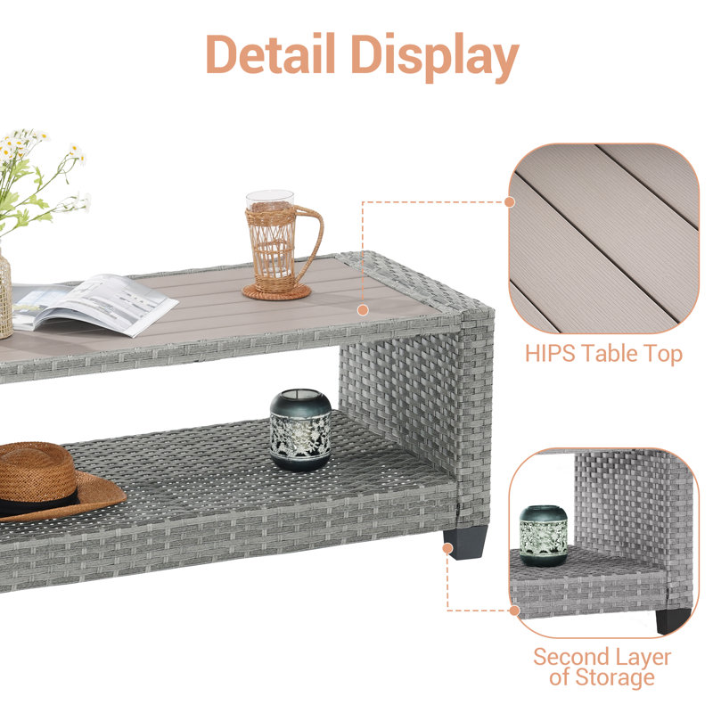 Table d'appoint d'extérieur en rotin PE gris, plateau de table en verre ondulé résistant à l'eau, Gris