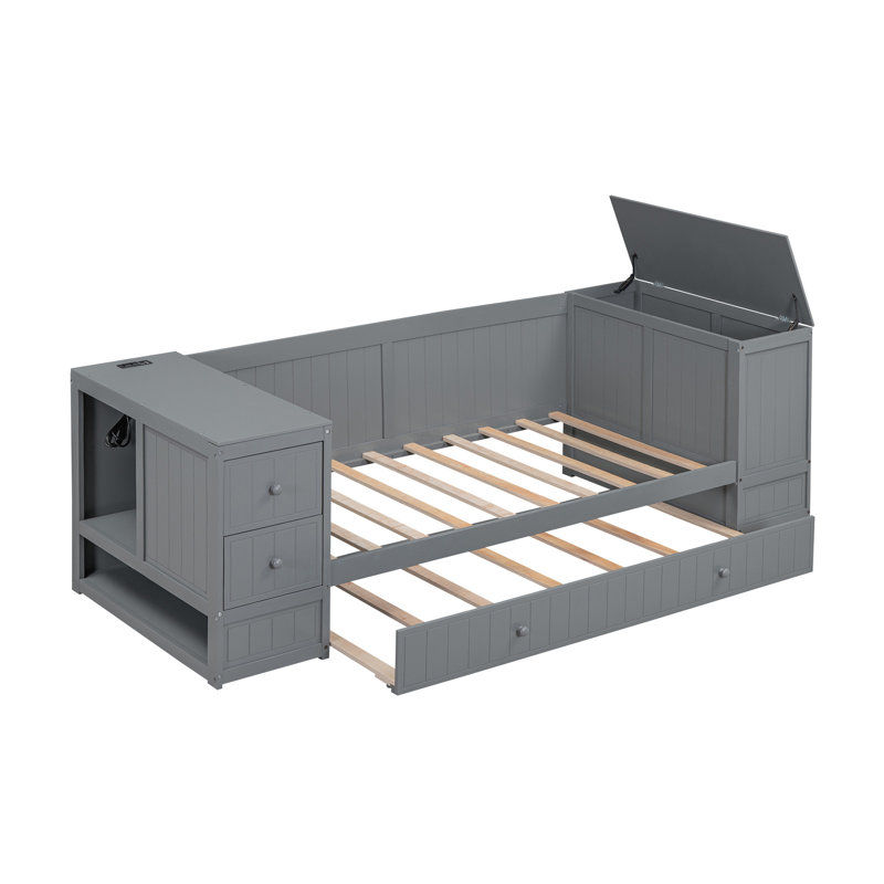 Twin Size Daybed with Storage Arms, Trundle and Charging Station, Gray