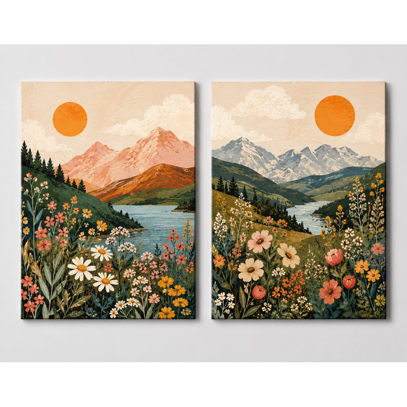 Très grand ensemble de 2 impressions murales sur toile de montagne, impression de nature moderne, pré, pour chambre à coucher, bureau, impression sur toile 24 x 36 pouces - prête à être accrochée