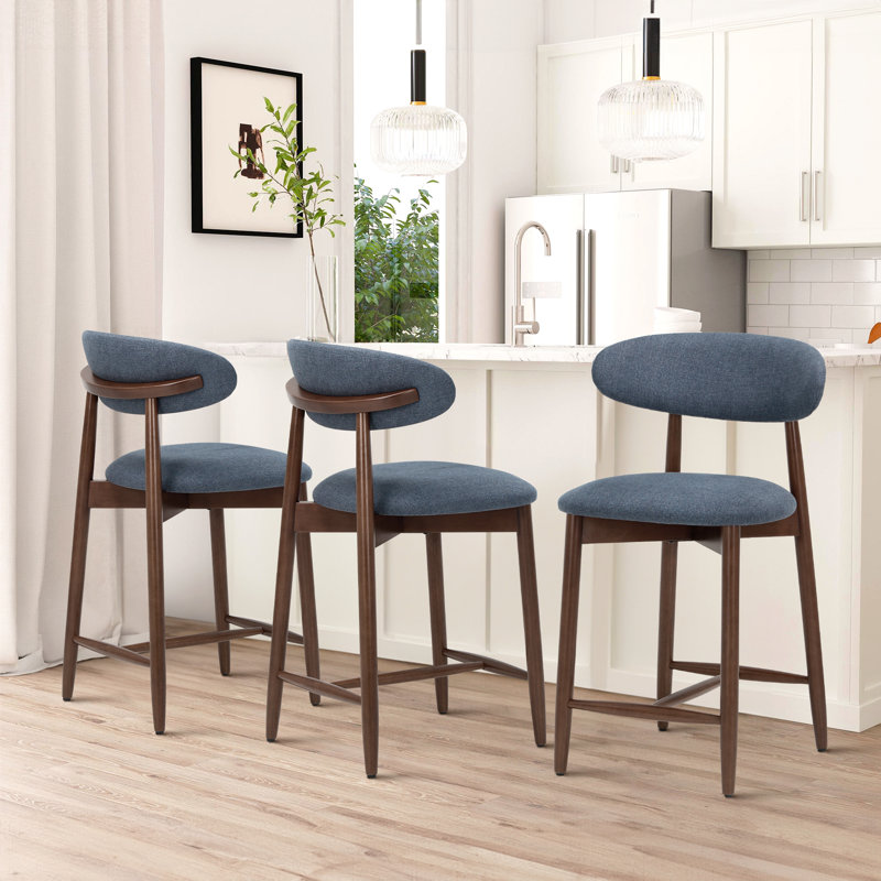 Upholstered Counter Stool with Solid Wood Frame, Blue