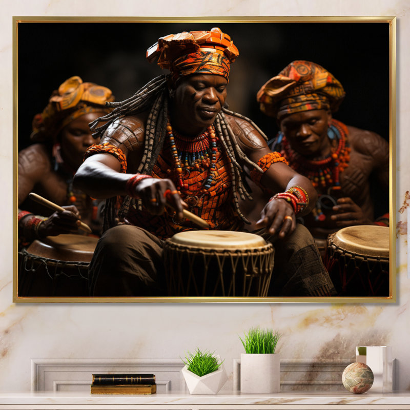African Rhythmic Drums II On Canvas Print, Gold Floater Framed, 30" H x 40" W x 1.5" D