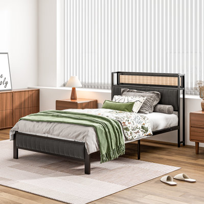 Platform Bed Frame With Headboard, Heavy-duty Metal Bed Frame With Steel Slats, Under-bed Storage, Noise-free Assembly, Built-in Charging Station
