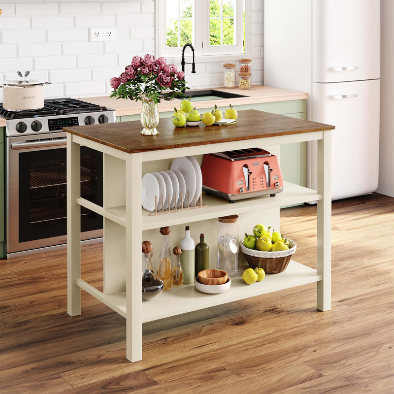 Îlot de cuisine en bois massif 45 po avec plateau de boucher et 2 tablettes ouvertes pour petits espaces