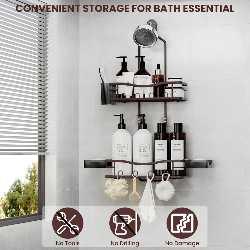 Serviteur de douche antirouille suspendu avec porte-savon, organisateur de douche bronze avec porte-brosse à dents à crochets multiples, sans perçage