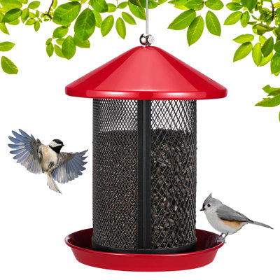Metal Bird Feeder For Outdoors-Dual Seed Chambers & Wild Bird Feeder Hanging Bird Feeder For Outside, Mesh Tube Feeder With Weatherproof Roof For Card