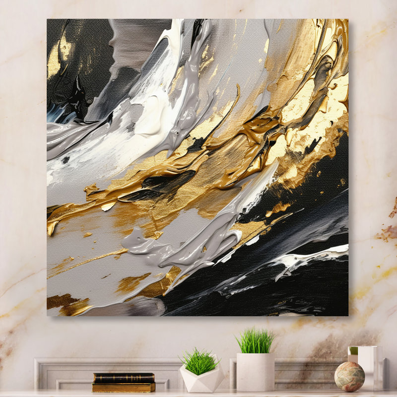 Rêves d'abondance noir et or I - art mural abstrait pour salon, 44" H x 44" W, Toile tendue
