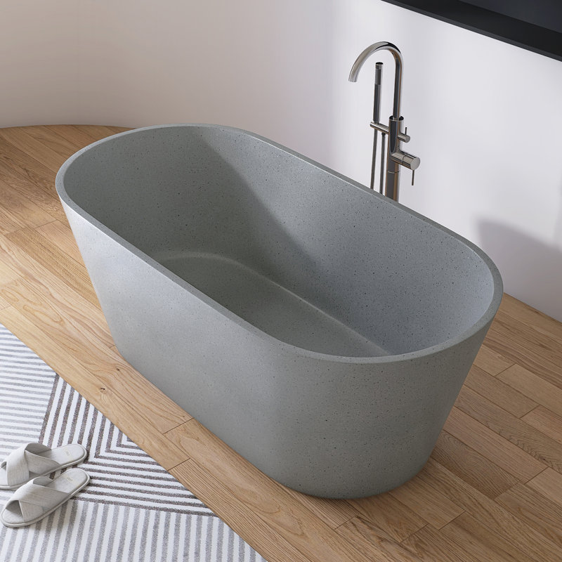  59'' x 29'' Freestanding Terrazzo Tub Soaking Solid Surface Bathtub, Grey