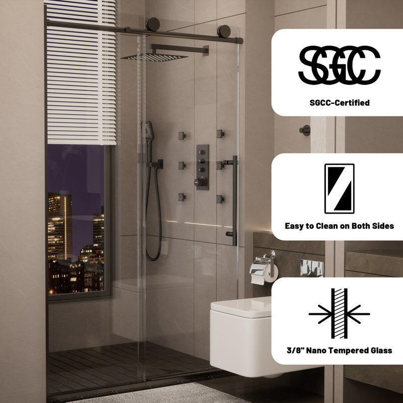 Matte Black Frameless Sliding Shower Door with Clear Tempered Glass