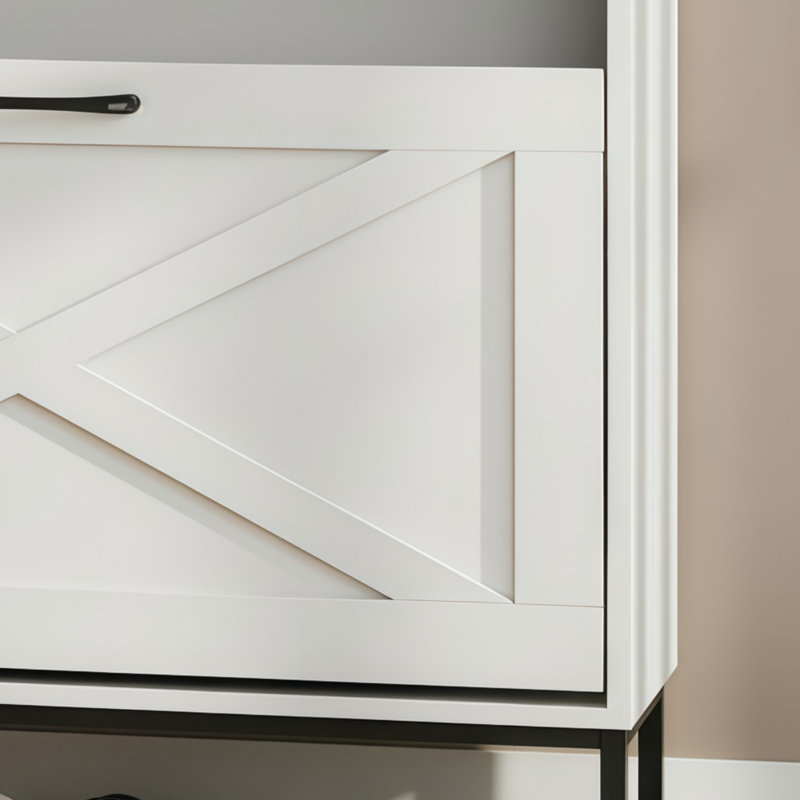 White, Narrow Entryway Shoe Cabinet With Two Flip-Up Drawers, Metal Legs, And Freestanding Storage Shelves.