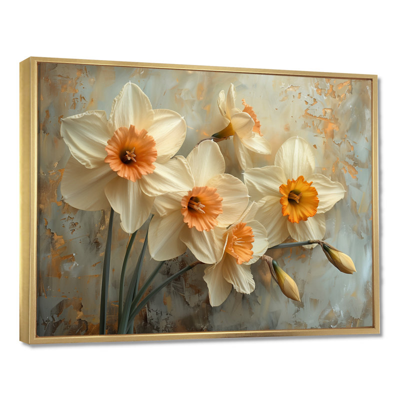 Jaune jaune blanc fragiles jonquilles - jonquilles murales salon, Cadre flottant doré, H 34 po x l 44 po
