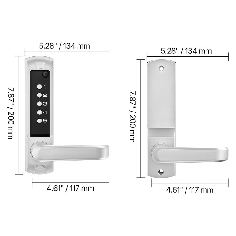 Serrure de porte mécanique sans clé, mise à niveau 2.0 du code, code à 5 chiffres, serrure de porte à bouton-poussoir à une face avec poignée, verrouillage automatique, pour portes de jardin, intérieur ou extérieur, argent