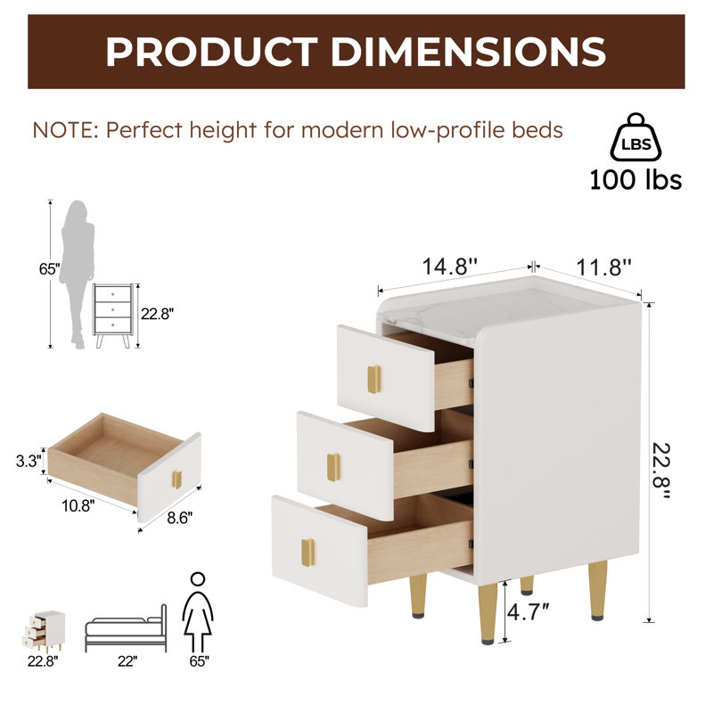 Annie Agripina Solid Wood Nightstands with Faux Leather and Marble Top, 3 Drawers, 11.8" W, White