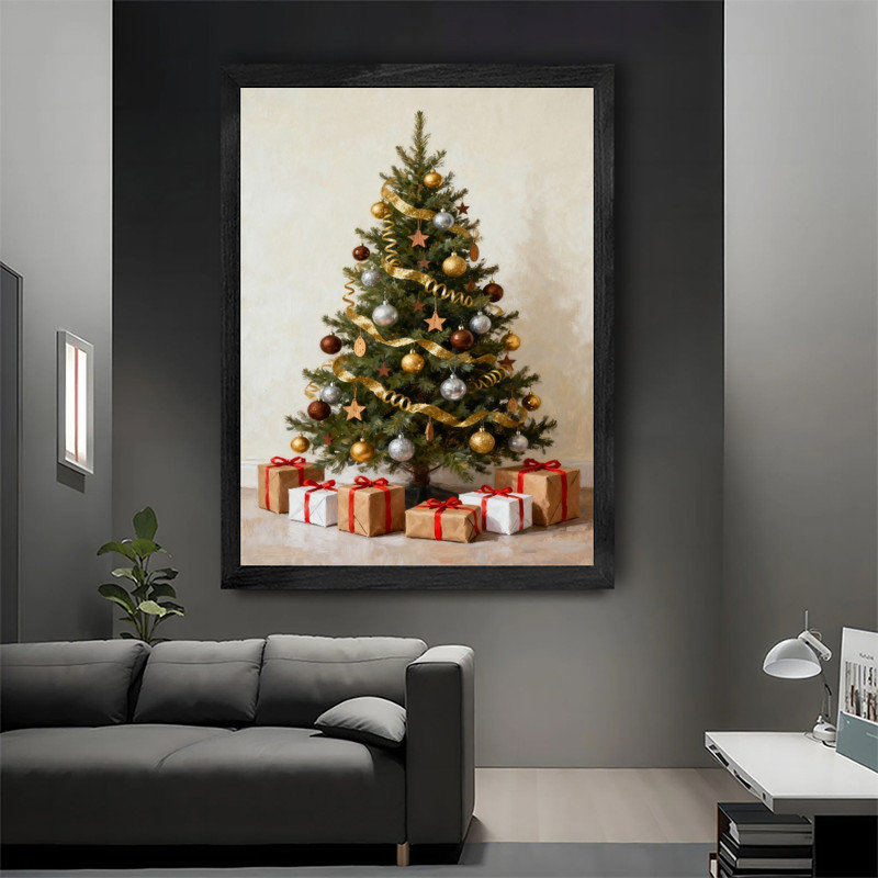 Art mural arbre de Noël noir encadré - décorations festives rétro élégantes, H 37 po x l 25 po