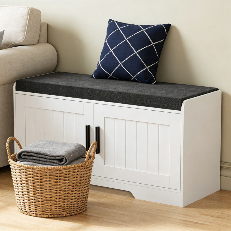 2-Tier Storage Bench With Padded Seat, Entryway Shoe Bench With Adjustable Shelf And 2 Doors For Living Room, Bedroom, And Hallway Organization