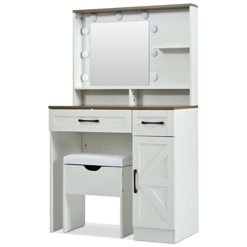 Meuble-lavabo de ferme avec miroir et lumières, 3 modes d'éclairage, ensemble de coiffeuse avec tabouret, coiffeuse avec tablettes réglables, 2 tiroirs et armoire latérale pour la chambre à coucher