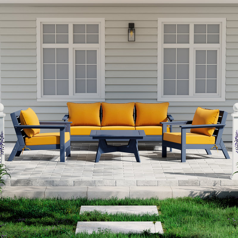 6-Piece Deep Seating Set, Navy Blue, Yellow