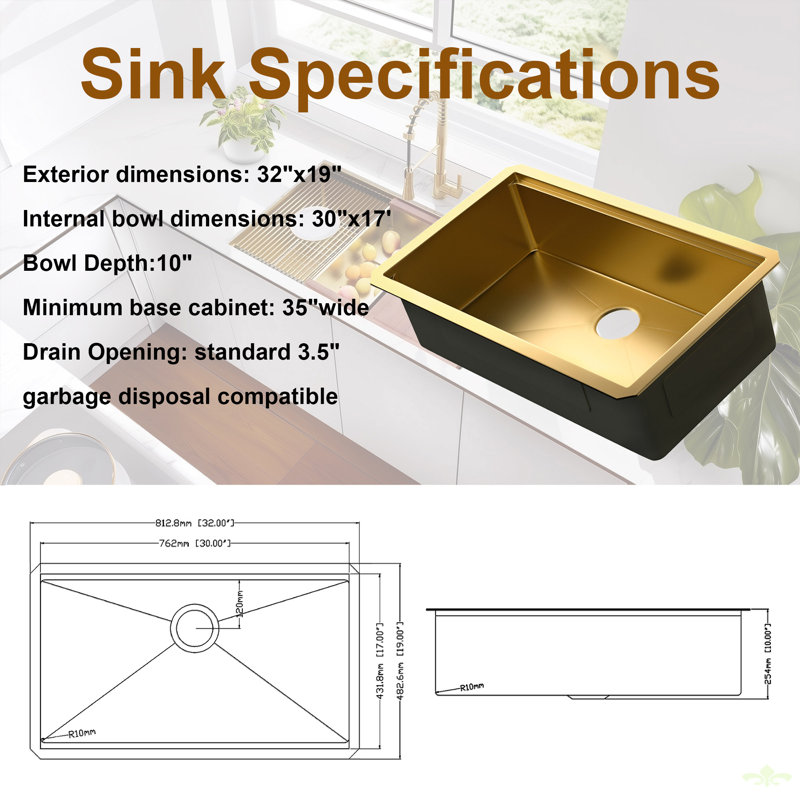 32X19 Inch  Undermount Kitchen Sink 16 Gauge Stainless Steel Single Bowl Kitchen Sink, Gold