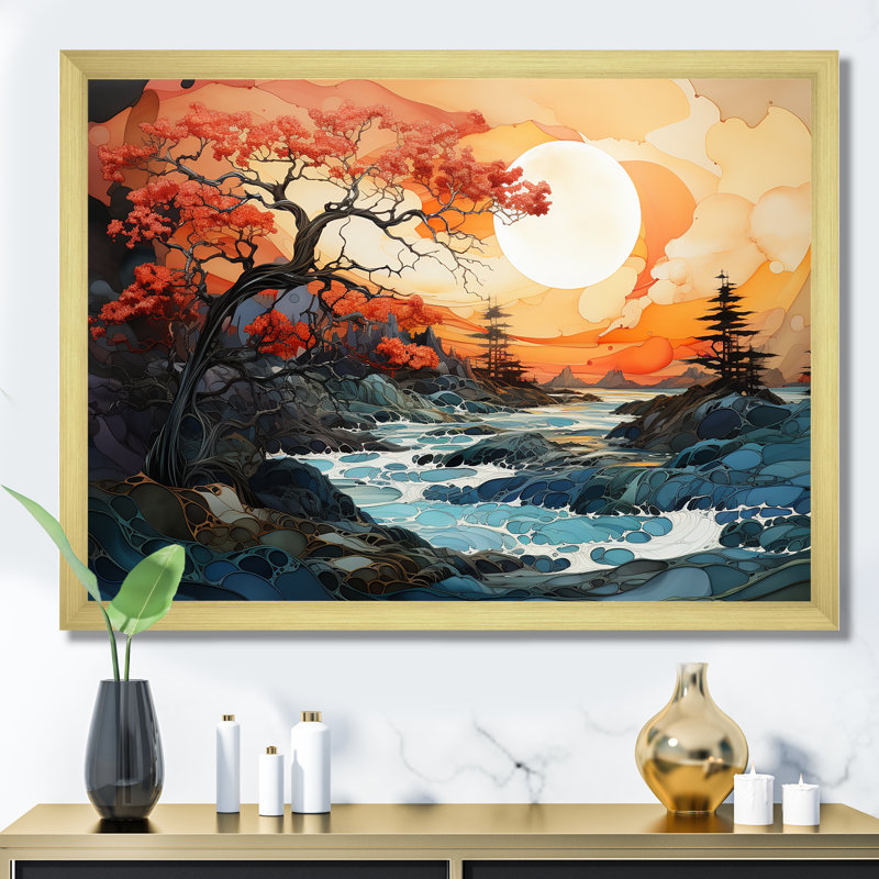 Tempêtes, lever de soleil, paysage sur toile, Cadre doré simple, H 24 po x l 32 po x P 1 po