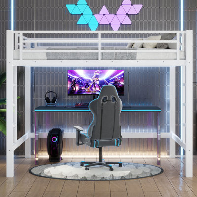 Lit mezzanine double en métal avec échelle et garde-corps, lit superposé robuste et peu encombrant pour enfants, blanc
