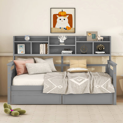 Lit de jour simple, lattes en bois massif gris, rangement de chevet et lit de jour au design fonctionnel avec structure supplémentaire, meubles multiples