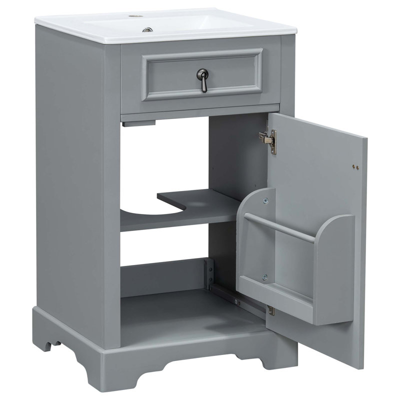 Meuble-lavabo de 20 pouces avec lavabo en céramique, porte à fermeture douce, tablette réglable et support de rangement fixé à la porte