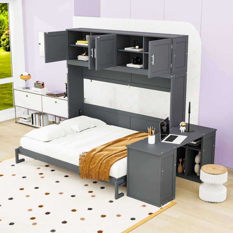 Queen Wall-Mounted Murphy Bed with Desk, Storage Cabinets and Shelves, Gray