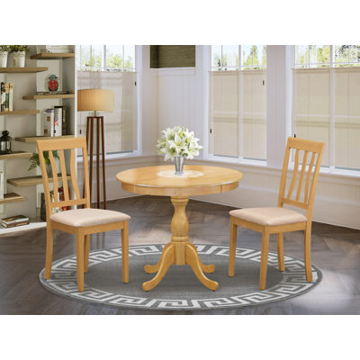 3 Piece Dining Table Set Consists of 1 Wooden Dining Table and 2 Oak Linen Fabric Dining Chairs with Slatted Back - Oak Finish
