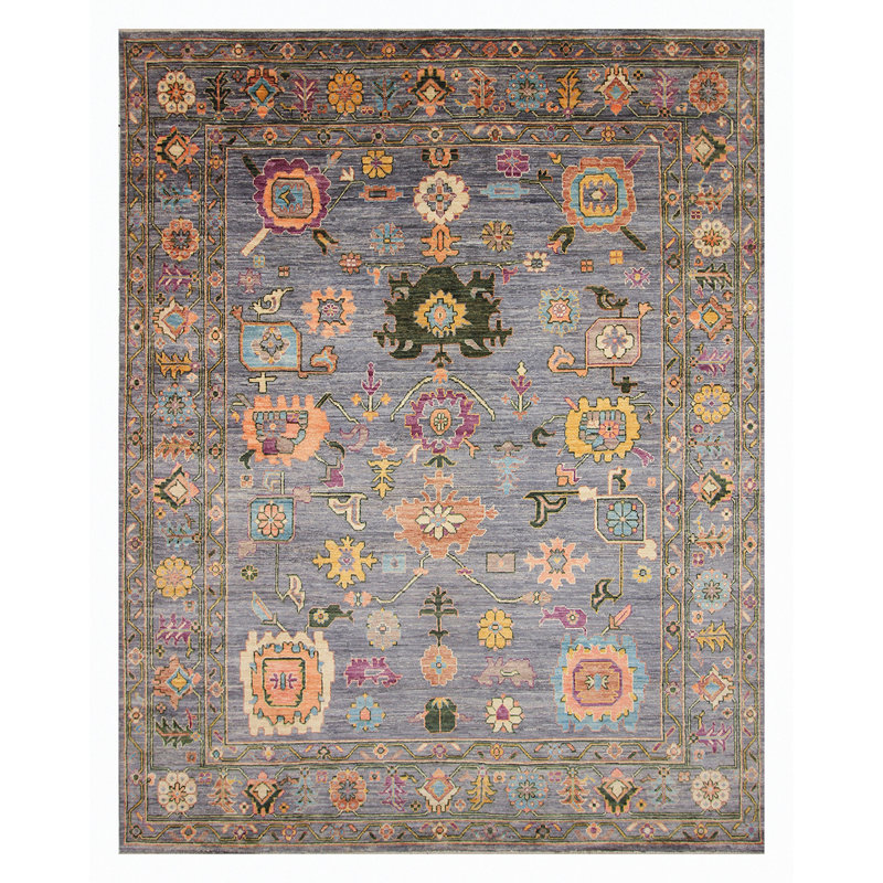 Tapis gris / orange / bleu noué à la main de haute qualité