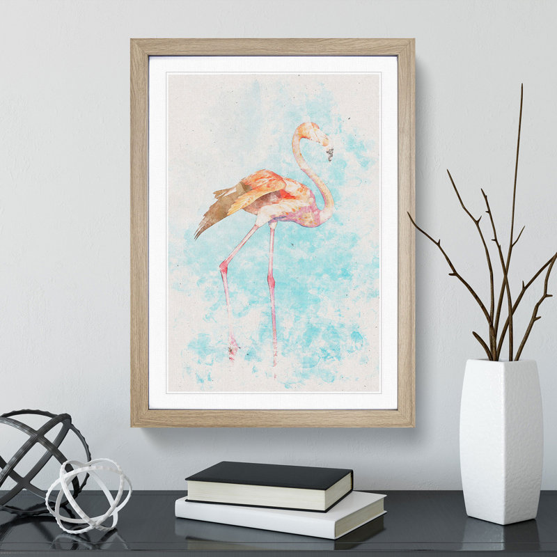 Flamingo Bird Watercolour - Picture Frame Graphic Art, Oak Framed, 33cm H x 24cm W x 2cm D
