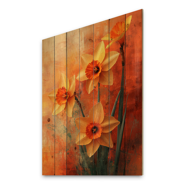 Éclat de jonquille dans les pastels impressionnistes II - jonquilles en bois, art mural - sur bois de pin naturel