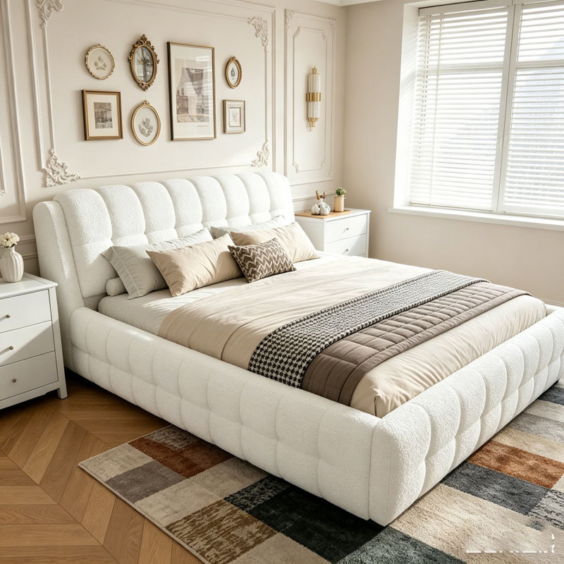 Upholstered Platform Bed, White, King