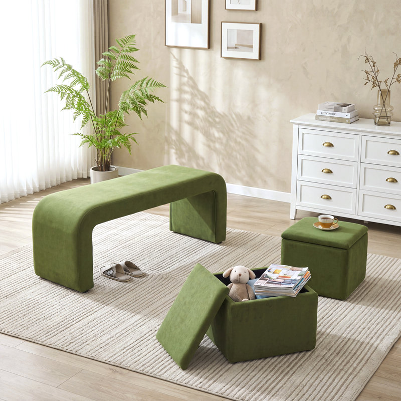 Ensemble de banc rembourré en velours 3 pièces l 47,6 po, sans assemblage, Vert