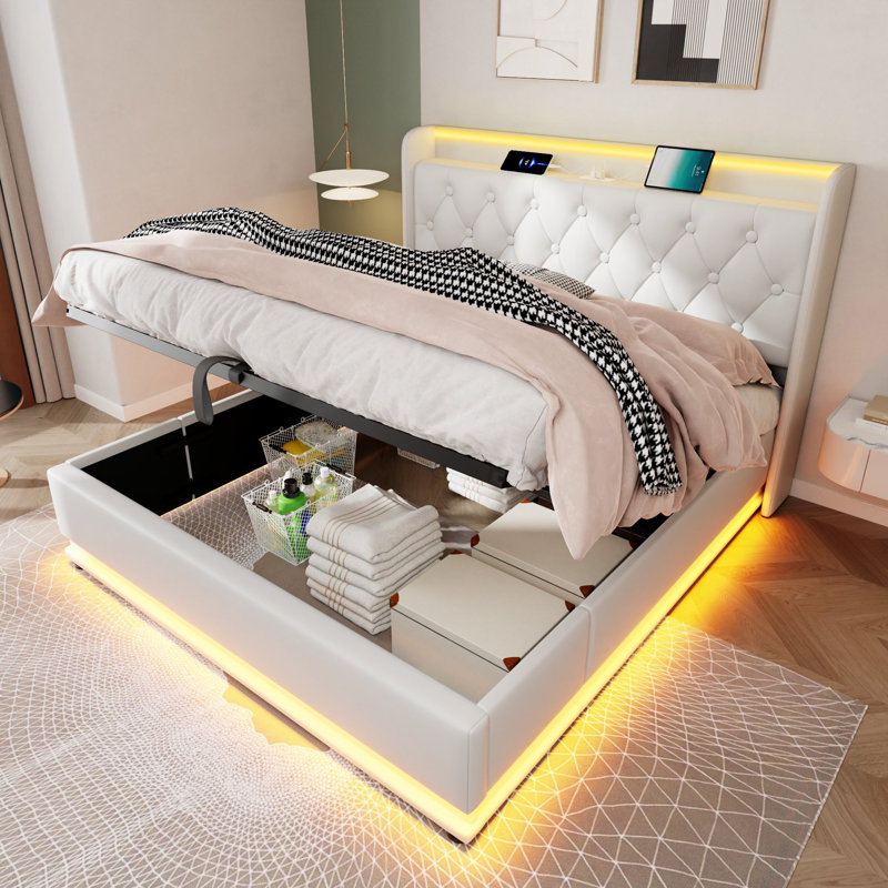 Modern Metal Frame Platform Pu Bed With Charging Ports, European Double (140 x 200cm)